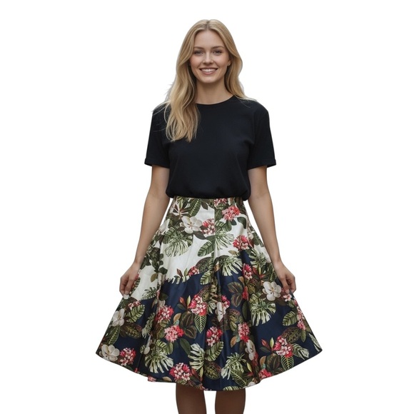 Zara Floral Printed MIDI Skirt S High Waisted Pleated Full Skirt Navy Pink Cream - Picture 3 of 4